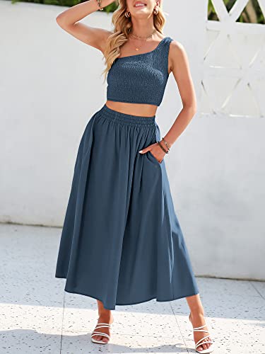 Anrabess Women's 2 Pieces Outfits One Shoulder Smocked Crop Top & High Waist Long Skirt Dress Set With Pockets 543Tianqing-S Navy Blue #TOP5