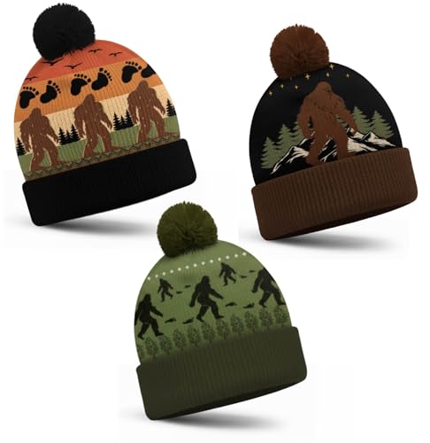 Berlune 3 Pcs Sasquatch Winter Beanie Hat for Men Winter Knit Cuffed Beanie for Men Women Warm Christmas Outdoor Gifts(Pom) Multicolor