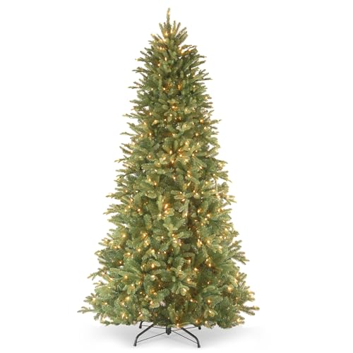 Image of National Tree Company 6.5 ft Pre-Lit Tiffany Fir Slim Artificial Christmas Tree, 500 Clear Lights, 1,462 Tips, Includes Stand, Green
