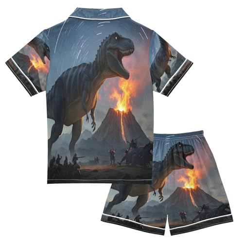 ALAZA Dinosaur Mountain Magic Satin Pajamas Set Short Sleeve Button Down Sleepwear Summer Pjs 2 Piece2