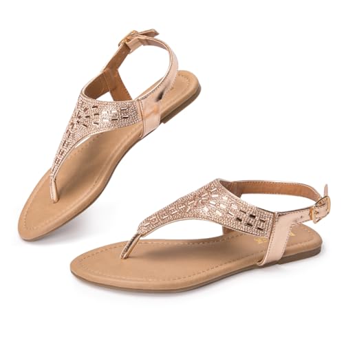 Image of BENEKER Women's Rhinestone Thong Flat Sandals T-Strap Fashion Sandals Ankle Strap Summer Gladiator Sandals