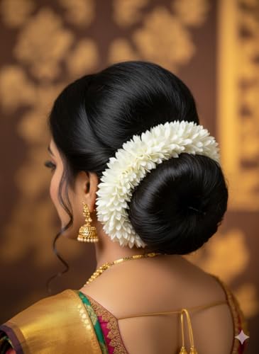 Image of Artificial Flowers for Indian Classical Dance | 12 inch New Mullai Poo Gajra for Bharatanatyam | Reusable Faux Jasmine Garland | Hair Accessory for Wedding | (Cream)