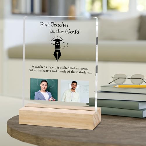 Image of Giftplease Best Teacher Plaque | Personalized Photo Frame with Wooden Stand | Appreciation Gift for Teachers | Teacher's Day Retirement Farewell Gift (Custom Photo & Text CTH 06