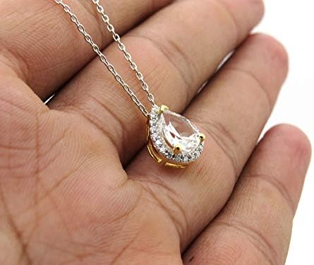 Dazzlingrock Collection 10K White Gold Teardrop Pendant - 9x6mm Lab-Created White Sapphire & 0.10ct Natural Diamond (Includes 18" Chain)