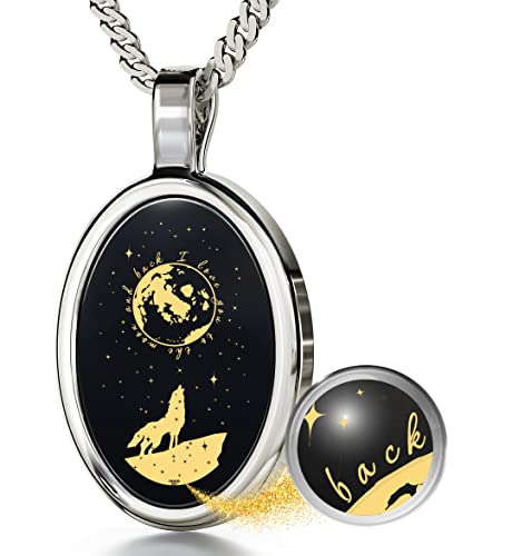 925 Sterling Silver I Love You To The Moon And Back Necklace Pure Gold Inscribed With Nostalgic Howling Wolf And Stars Onto An Onyx Gemstone Romantic Christmas Pendant For Wife, 18" Chain #TOP9