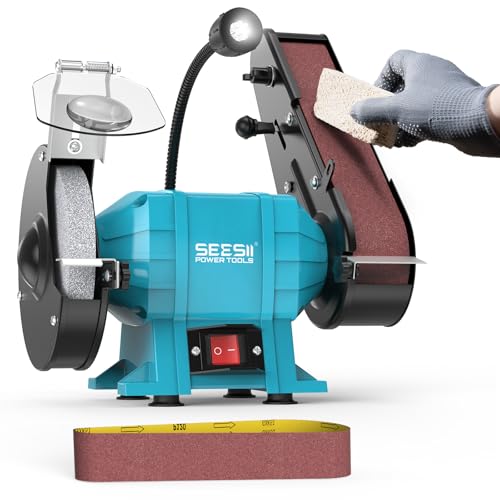 SEESII Bench Grinder and Belt Sander Combo: 2"x27" Belt + 6" Disc, 2.5A Motor, 2-In-1 Benchtop Sander for Woodworking, Metal Grinding, with Quick-Release System and Sturdy Base