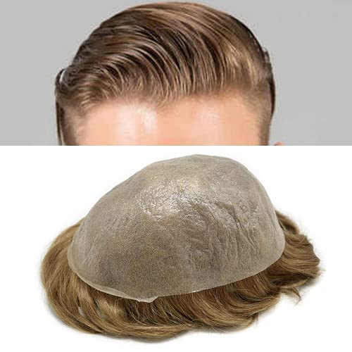 CURVE HAIR Mens Hair Replacement System Ultra Thin Skin Toupee For Men Transparent Invisible Super thin skin V-Looped Black Brown Blonde Gray Hairpieces Man Hair Unit 8x10inch Gray Wig for Men(8"x10", #6 Light Brown-100% Light to Med-Light)