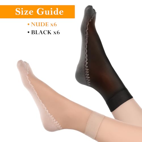 Image of 12 Pairs Sheer Socks Women Ankle Nylon Socks For Women Summer Anti-Slip Ankle Stockings Hosiery Reinforced Bottom And Toe Black Nude