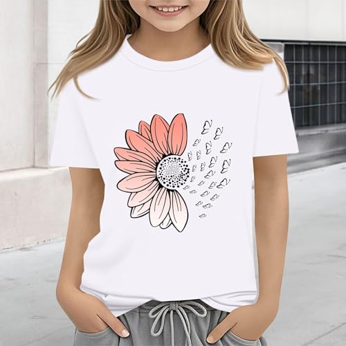Girls Loose Fit Sunflower Graphic T Shirts Short Sleeve Crewneck Cute Pattern Printed Tops Kids (B-White, 12-13 Years)4
