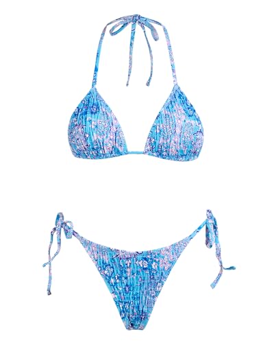 Image of Women's Triangle Bikini Set String Swimsuit Print Tie Smocked Ruched Two Piece Bathing Suit