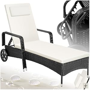 tectake Rattan Sonnenliege mit Rollen, Beige Polsterung