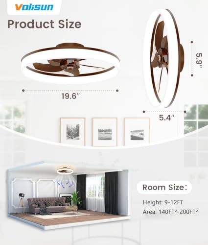Image of VOLISUN Low Profile Ceiling Fans with Lights and Remote, 20in Fandelier Ceiling Fan Flush Mount, 3000K-6500K Smart Bladeless LED Fan Light, Farmhouse Ceiling Fans with Lights for Bedroom(Wood)