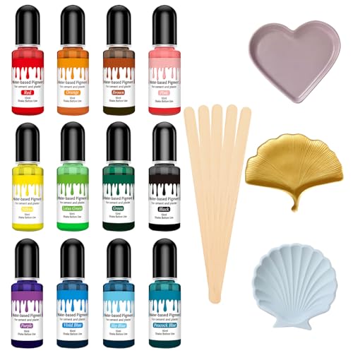 Altaroo 12 Stück Farbpigmente für Gießpulver 10ml 12 Farben mit 5 Rührstäbchen Farbe für Gießpulver Pigment auf Wasserbasis für Betonfarbe Gips Zementfarbe Keramik