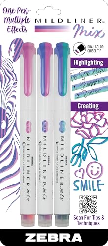 Zebra Pen Mildliner Mix Dual Colour Highlighter Marker Set, Chisel Tip, No Bleed Assorted Cool Colours, 3-Pack (77773)