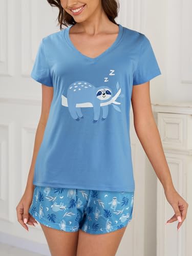 Image of YIJIU Women Short Sleeve Tee and Shorts Pajama Set Cute Alpaca Print Sleepwear