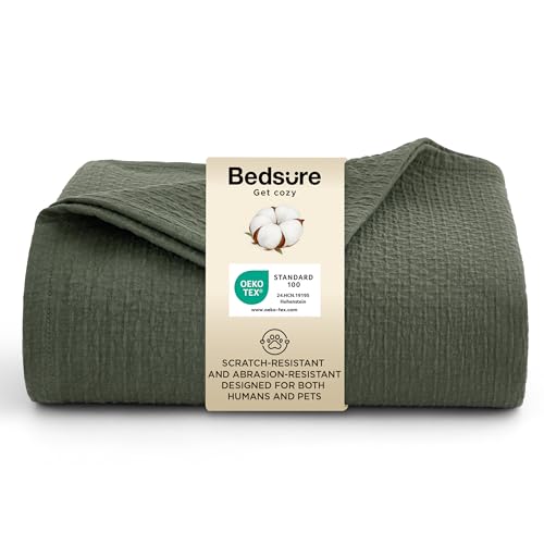 Bedsure 100% Cotton Sofa Pet Blanket - Twin/Double Size Anti Scratch Throws for Pet Sofa Bed Double-Layer Breathable Lightweight Summer Quilted Bedspreads Coverlet Protector Olive Green 150x200cm