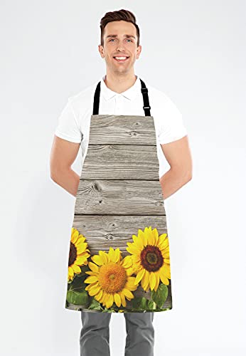 Lefolen Sunflower Apron, Spring Flowers On Rustic Wood Plank Country Theme Adjustable Bib Apron Kitchen Cooking Baking Gardening Apron For Women Men #TOP3