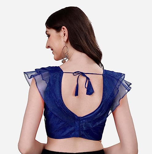 Image of Pujia Mills Women's V Neck Orgenza Three Layer Ruffle Sleeve Frill Readymade Saree Blouse