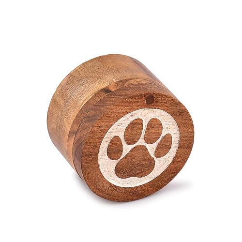 Samhita Dekorative Urnen aus Akazienholz, runde Form, weiße Pfoten-Design, Urne für Asche für Hunde, Haustierurnen für Katzen (8,89 cm x 8,89 cm x 6,35 cm)
