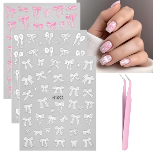 3 Sheets Self-Adhesive Pink White Bows Nail Art Stickers, Bows Ribbon Design Cute Nails Decals, 3D Embossed Bow Nail Stickers, Bow-Knot Nails Art Sticker for Women Girls