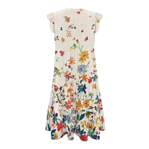 Image of Womens Summer Dress Ruffle Sleeve V Neck Dress Casual Fit Flowy Beach Vacation Sundress with Pocket S-2XL
