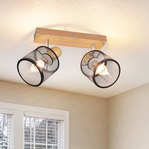 Deboola Foco de Techo de 2 Fuegos de Madera - Lámpara de Techo E14, Spot Negro Orientable, Lámpara de Cocina Vintage, Spot LED para Sala de Estar, Dormitorio, Pasillo, Cocina, Sin Bombilla