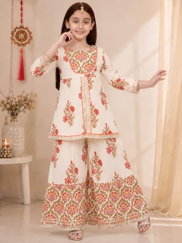 Image of Preneum Girls's Cotton Rayon Gota Pati Multi Floral Printed Angrakha Kurta with Sharara & Dupatta