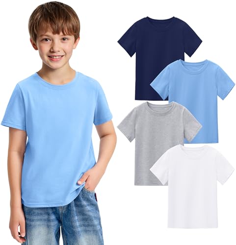 BOOPH 4 Pack Boys Shirts Kids Tshirts Toddler Short Sleeve T-Shirts Basic Crew Neck Tops Cotton Summer Uniform Clothes