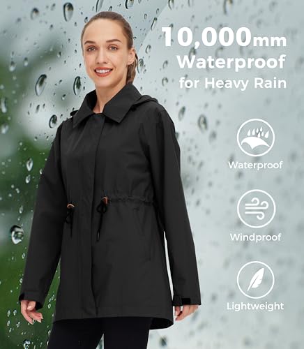 wantdo Women's Waterproof Long Raincoats Lightweight Rain Jacket Hooded Trench Coats Windbproof Jacket3