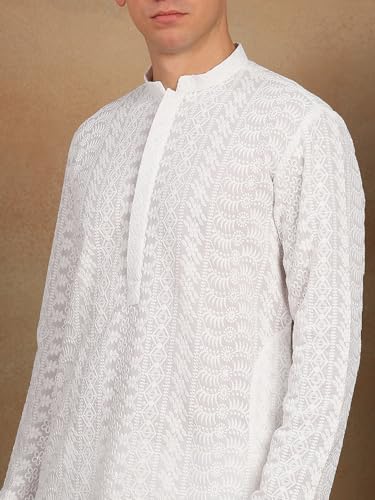 Image of See Designs Men's Full Sleeve Mandarin Collar Chikankari Embroidered Straight Kurta with Salwar