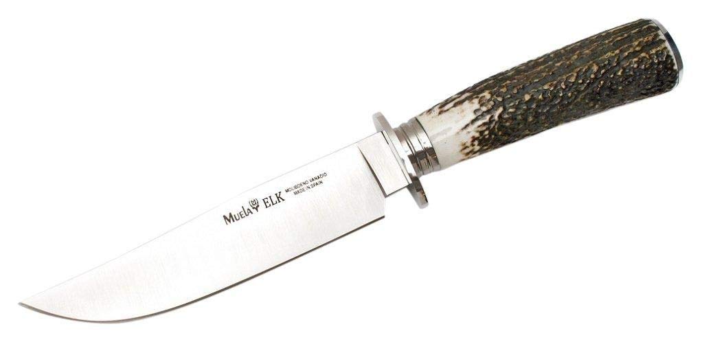 Muela Cuchillo de caza ELK-14A.I con hoja de acero inoxidable ACX-380 y empuñadura de asta de ciervo para Caza, Pesca, Supervivencia y Bushcraft + Portabotellas de regalo