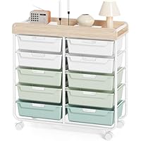 KINGRACK Rollcontainer mit 10 Schubladen, Rollwagen mit Schubladen für Bastelbedarf, Kunstmaterialien, Home Offices und Klassenzimmer (Grün)