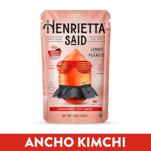 Image of Henrietta Said Wing-Flavored Peanuts - Truly Good Foods Snacking Nuts - Bold Flavors - Savory & Spicy - Jumbo Flavored Peanuts - Protein Packed Vegan Snack - 4 (5-oz) Packs - Ancho Kimchi