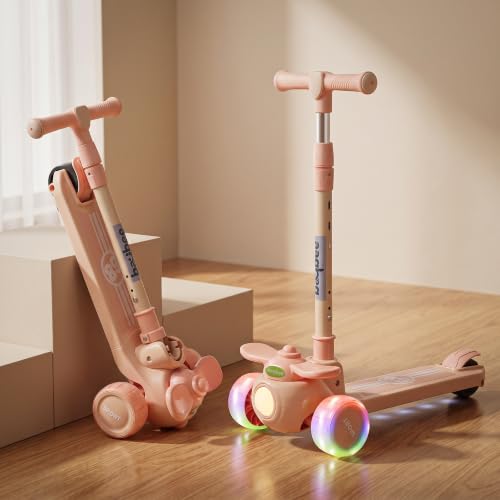 Image of Baybee Skiddo Baby Kick Scooters for Kids with 3 Height Adjustment | Foldable Skating Scooter with Foot Brake | Kids Scooter with RGB Lights & Music | Runner Scooters for Kid 2-10 Years (Beige)