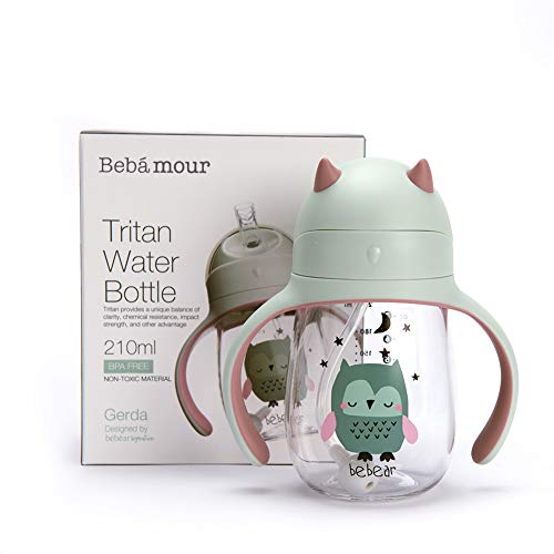 Bebamour Sippy Cup Bouteille d'eau anti-éclaboussures pour enfants Tasse à becs souples avec paille pour tout-petits, sans BPA, 210 ml - Green Owl