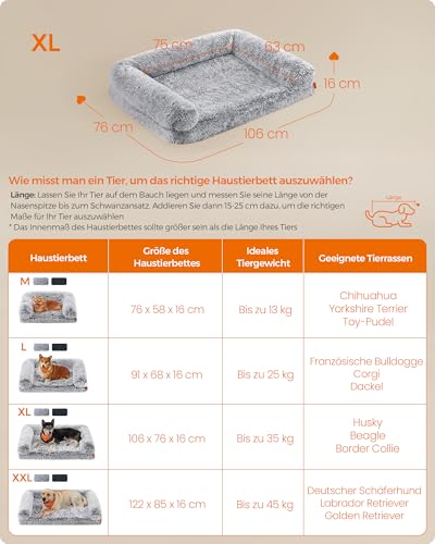Feandrea FluffyHug Hundebett, Hundekissen Größe XL, Hundematte für mittelgroße und große Hunde, Hundesofa Noppenschaumstoff, Bezug abnehmbar und waschbar, 106 x 76 x 16 cm, Ombré-Grau PGW233G01V1