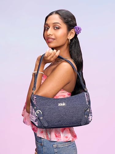 Image of ZOUK Lyra Small Shoulder Bag for Women - Denim & Printed Shoulder Bag with Water-Resistant Lining | Handcrafted Sling Bag with Multiple Pockets & Zip Closure for Daily & Weekend Use |