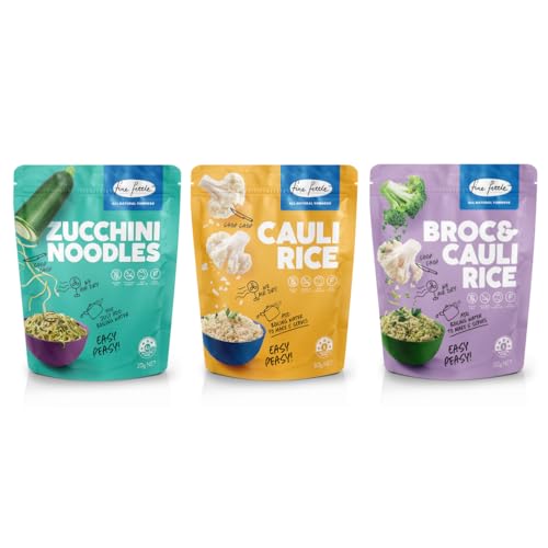 Fine Fettle Pantry Essentials Multi Pack (Cauli Rice 50g, Broc & Cauli Rice 50g, Zucchini Noodles 20g). Cauliflower, Broccoli and Zucchini Alternatives - Low-Carb, Gluten Free and Keto Friendly