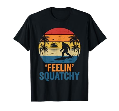 Feelin’ Squatchy Retro Bigfoot Surfing Sunset Palm Tree Surf T-Shirt