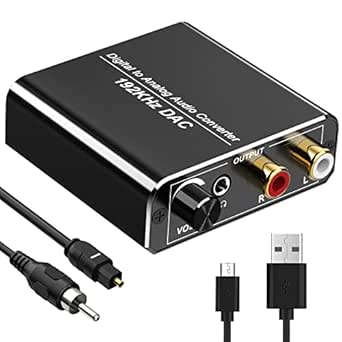 Convertisseur DAC Audio 192kHz Numérique vers Analogique, Aluminium DAC Adaptateur, Digital SPDIF Optique Coaxial Toslink vers Stéréo L/R RCA Jack 3,5mm, pour TV Blu-Ray Xbox