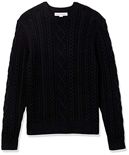 Amazon Essentials Men's Long-Sleeve 100% Cotton Fisherman Cable Crewneck Sweater, Black, Large