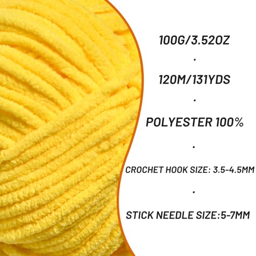 Image of 3 Packs Plush Chenille Chunky Crochet Yarn - Baby Yarn for Crocheting Soft - Velvet Yarns Knitting for Blankets Crafts - Fluffy Amigurumi Yarns 300g / 393yd (3 Yellow)
