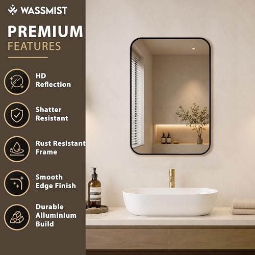 Image of WASSMIST Mirror for Bathroom Wall | Square Bathroom Mirror with Aluminium Frame | HD Reflection Wall Mirror for Living Room /Bedroom (20 X 28 inch)