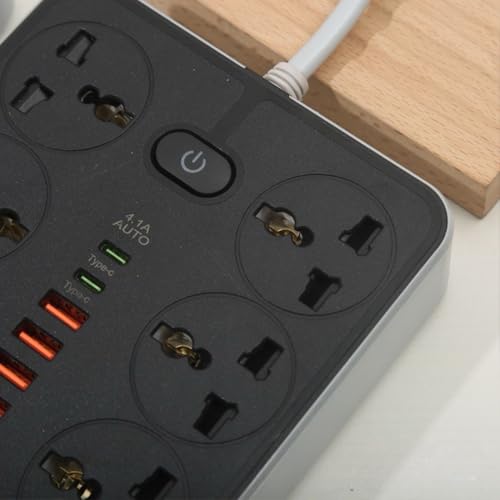 Image of Extension Board, Power Strip with 6 USB Ports and 3 Universal Socket, 2500W 10A Extension Cord, 3-Pin Surge Protector Power Strip for Home, Office, Computer, Mobile Charging (Black-Z67)