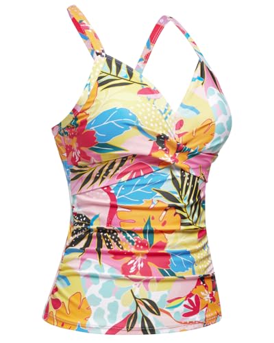 Women Tankini Bathing Suit Top - Twist Front V Neck Swim Top Only Ruched Tummy Control No Bottom 20252