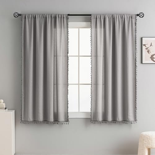 VOILYBIRD Small Window Curtains Tassel Fringe Geometric Design Boho Curtains 54 Inch Length 2 Panels Set, W40 x L54, Grey