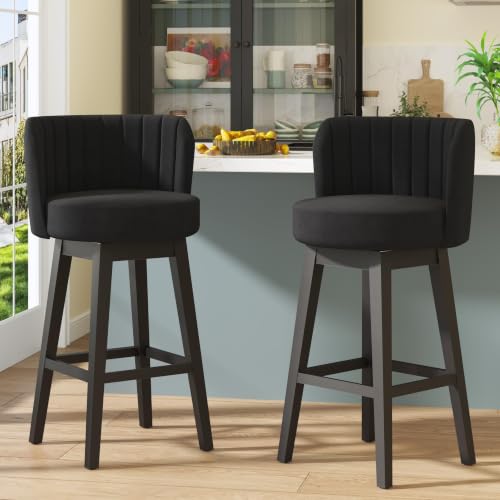 Image of COCO DESIGN Swivel Bar Stools Set of 4, 24 inch Counter Height Mid Century Modern Barstools with Back, Linen Upholstered Seat and Solid Wood Legs, for Bar Kitchen Island, Black