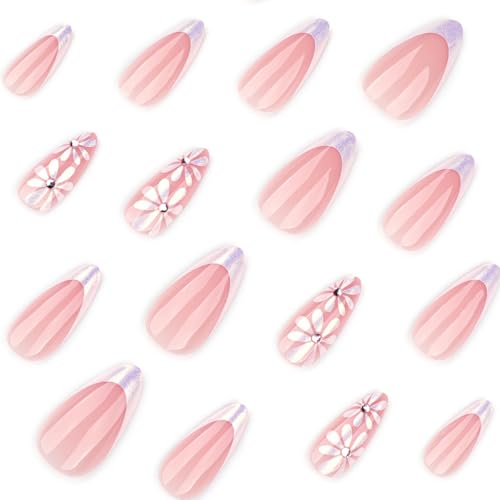 Image of White French Tip Press on Nails Flower Fake Nails Medium Almond Nail Press ons with Glitter Design Reusable Glossy Full Cover Stick on Nail for Women Manicure 24Pcs