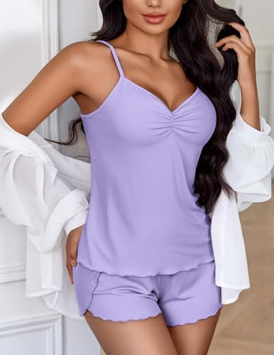 Image of Ekouaer Womens Cami Pajama Sets 2 Piece Ribbed Knit Lingerie Sleeveless Tank Top and Shorts Camisole Pjs Sleepwear