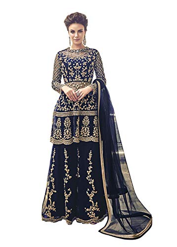 Fabzara Women's Net Semi-stitched Salwar Suit (FZ_6002_Blue_Blue_Free Size)